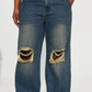 Retro Heavy-duty Washed Knee Ripped Wide-legged Jeans