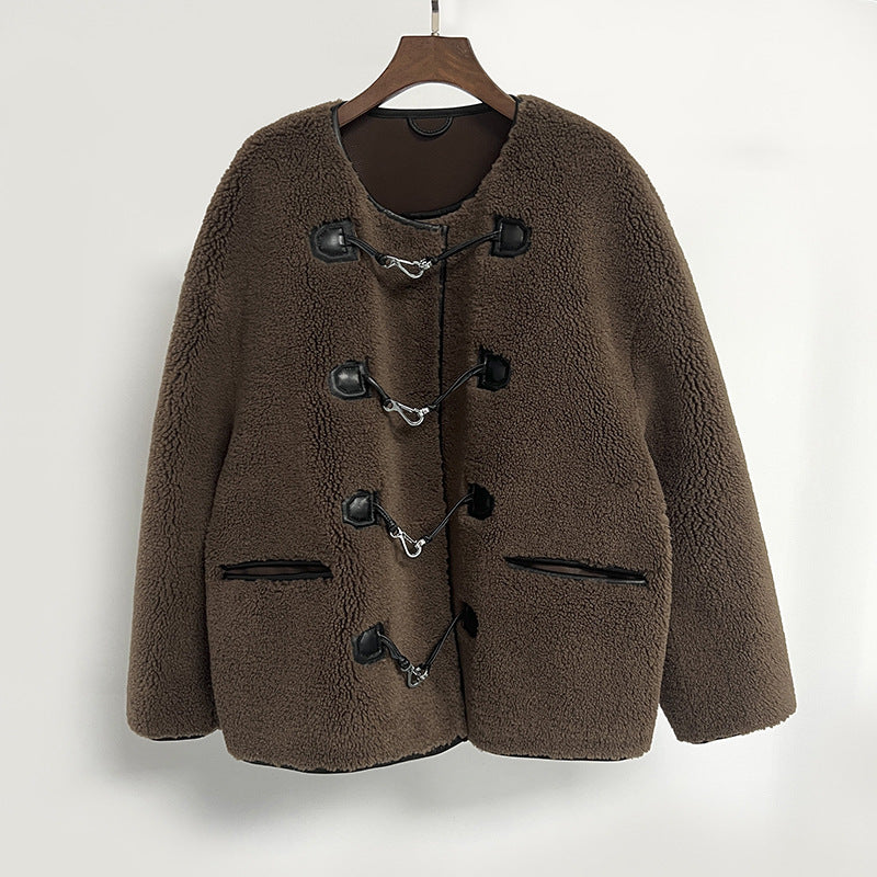 Autumn And Winter New Metal Leather Ring Fur Stitching Casual Fashionable Stylish Coat