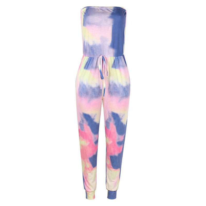 Women Tie Dye Print Wrap Bust Casual Jumpsuit
