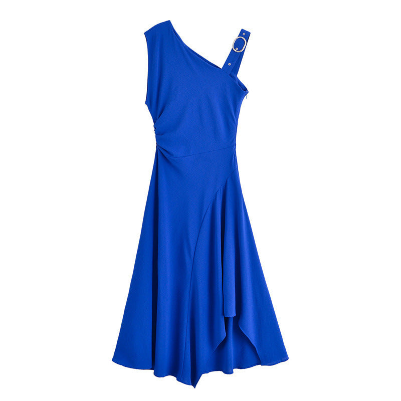 Blue Asymmetric Buckle Shoulder Sleeveless Suspender Dress