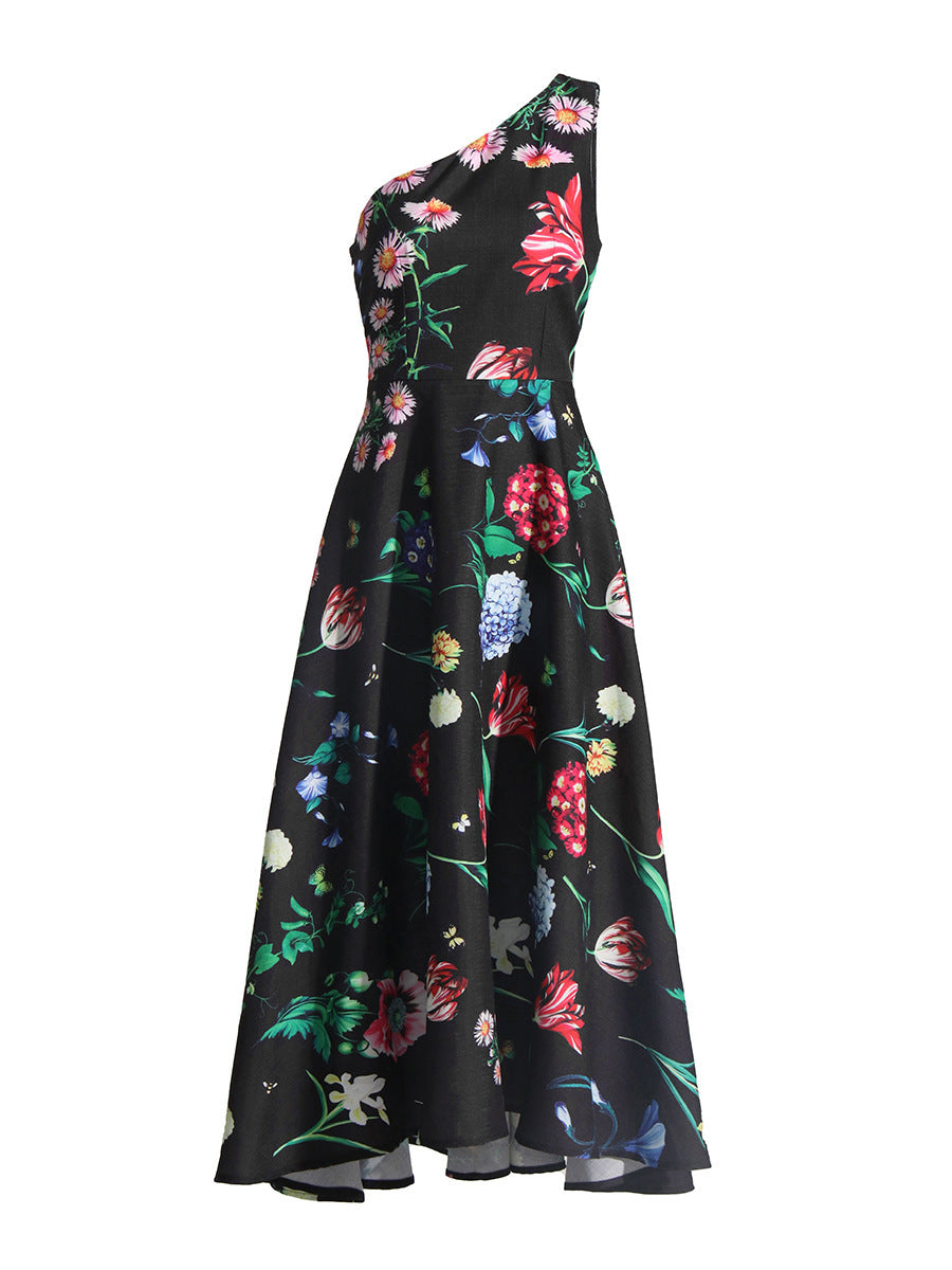Lady Temperament Oblique Shoulder Sleeveless Waist Slimming Dress