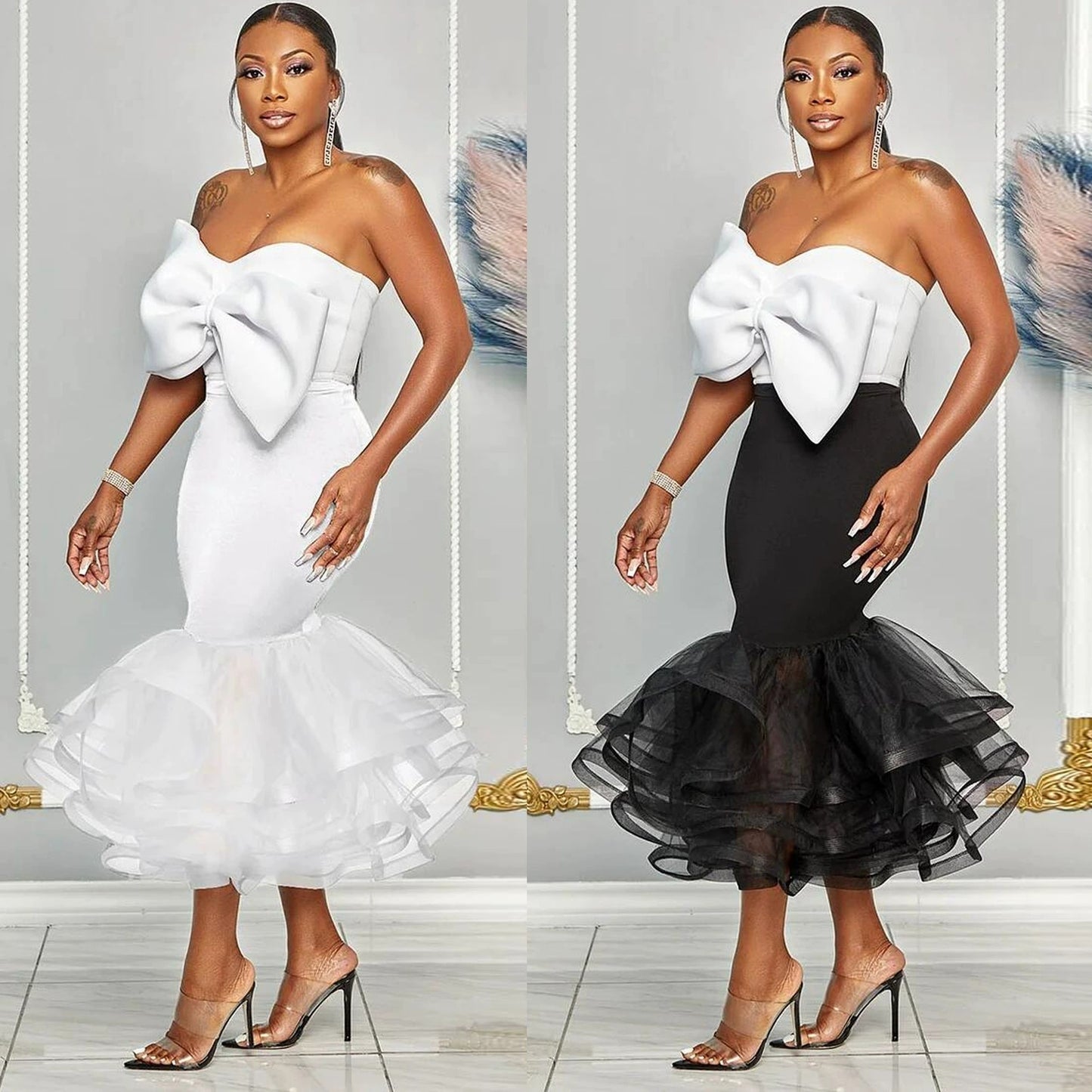 New Slim-fit Contrast Colors Bandeau One-shoulder Three-dimensional Hip Skirt