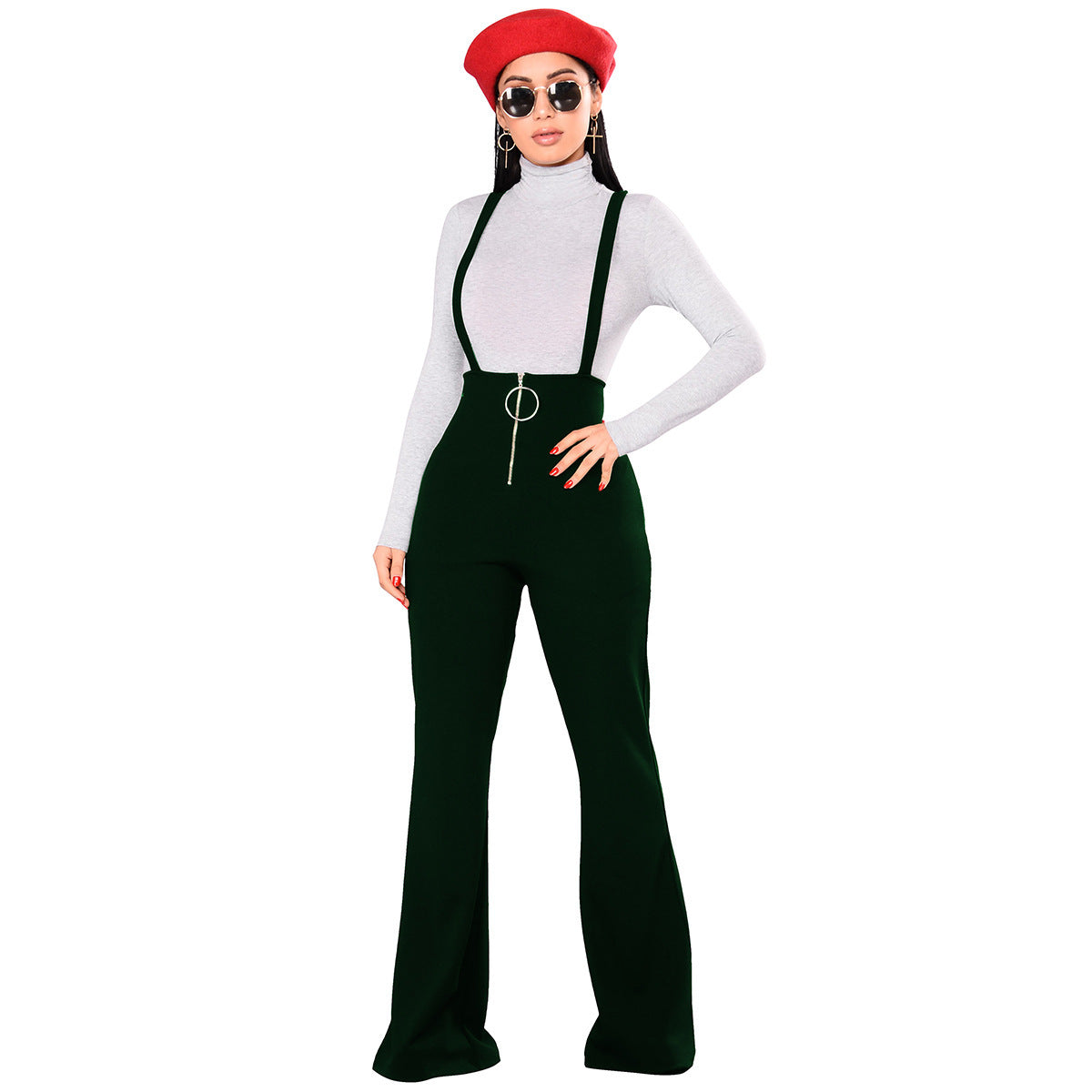 High Waist Big Round Button Zipper Flared Leg Suspenders