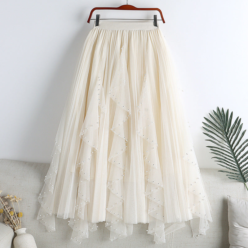 Jupe trapèze longue à ourlet large et maille irrégulière, nouvelle collection printemps et été, avec perles et strass
