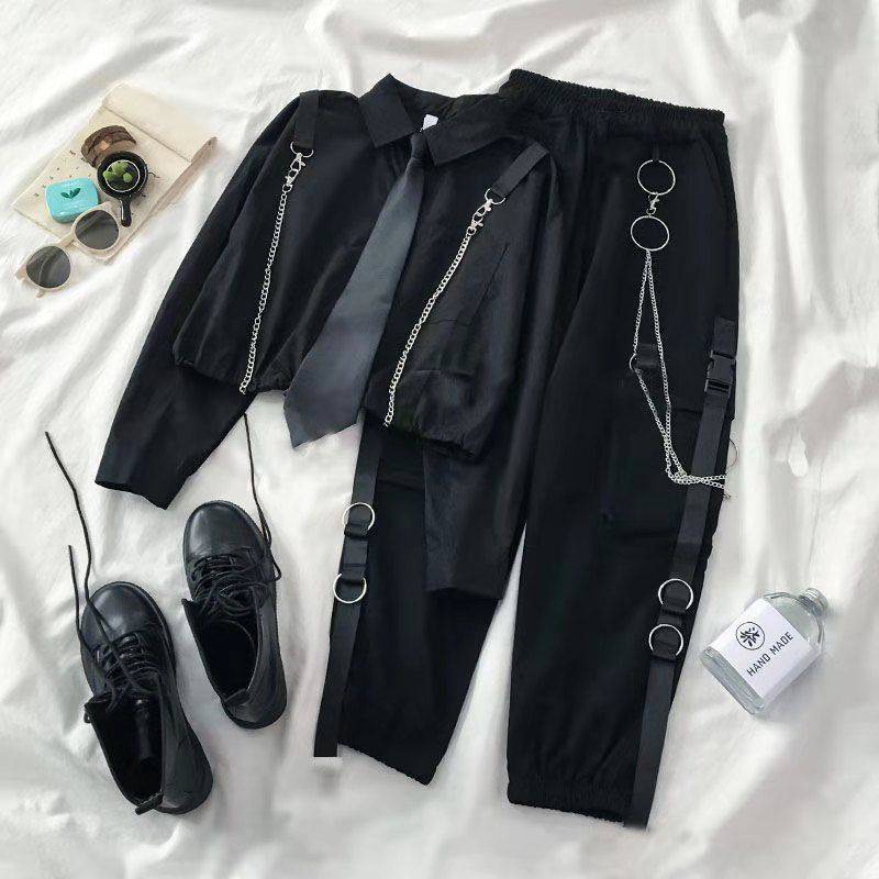 Suit Schoolgirl Loose Tie Shirt With High Waist Pants