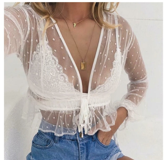 Fashion Mesh See-through Bandage Cardigan Short Outer Wear Sun Protection Shirt