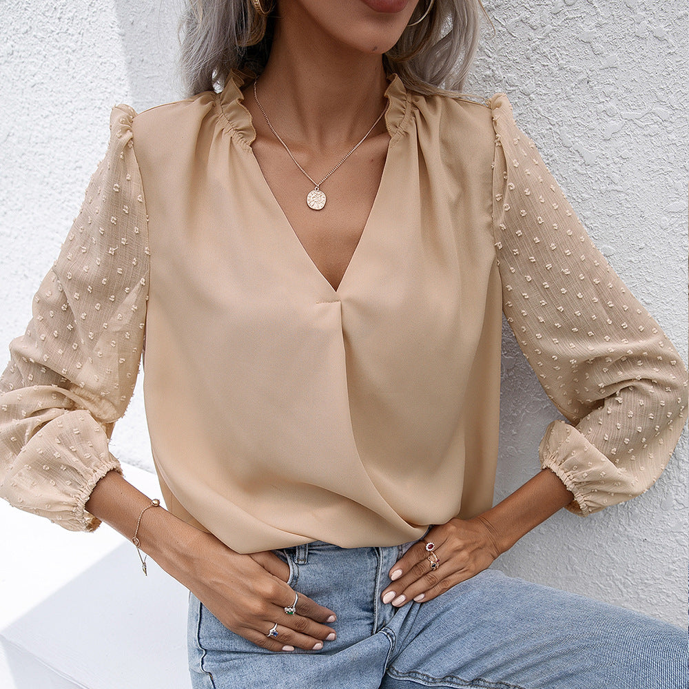 Puff Sleeve Ladies V-neck Long-sleeved Shirt