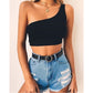 Solid Color Low-Cut Sleeveless Umbilical One-Shoulder Halterneck Vest