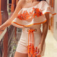 One Shoulder Lotus Leaf Decorative Shorts Set