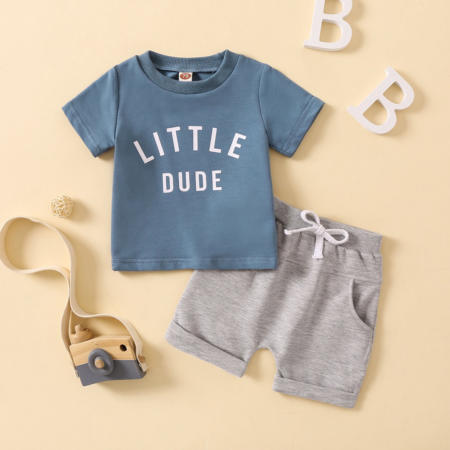 Round Neck Letter Print Short-sleeved Top Solid Color Shorts Two-piece Set