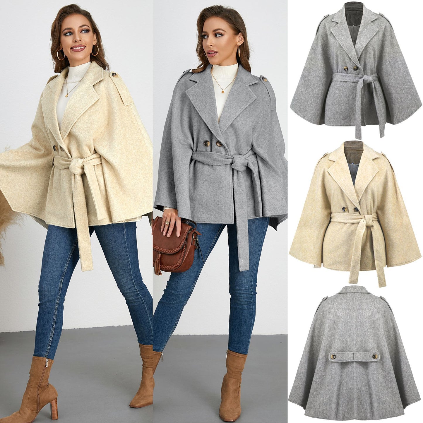 Manteau bandage en laine à revers et manches chauve-souris