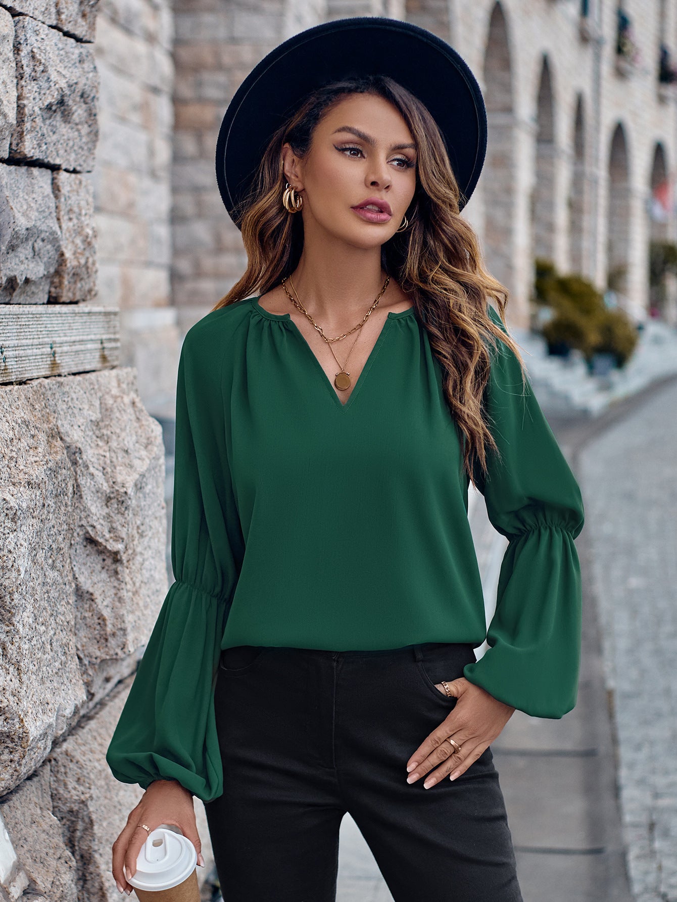 Solid Color And V-neck Loose Casual Women's Top