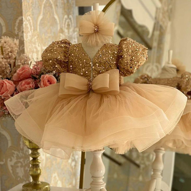 Girls Princess Dress With Puff Sleeve Sequins Children Puff Mesh