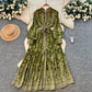 Retro Print Lapel Collar Lace Up Ruffle Hem Dress For Women