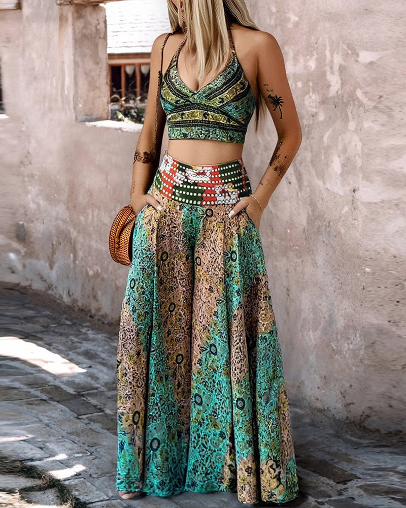 European And American Retro Pattern Short Overall Dress Set