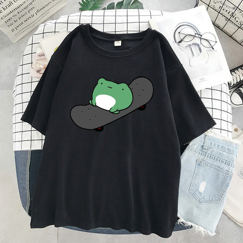 T-shirt col rond à manches courtes et col rond pour femme, vêtement simple et mignon, style grenouille, haut ample et amincissant, été