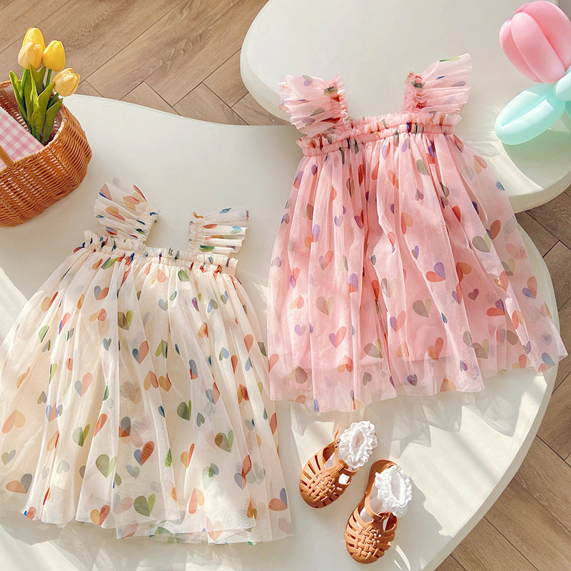 Summer Cute Heart Printing Mesh Girl Dress