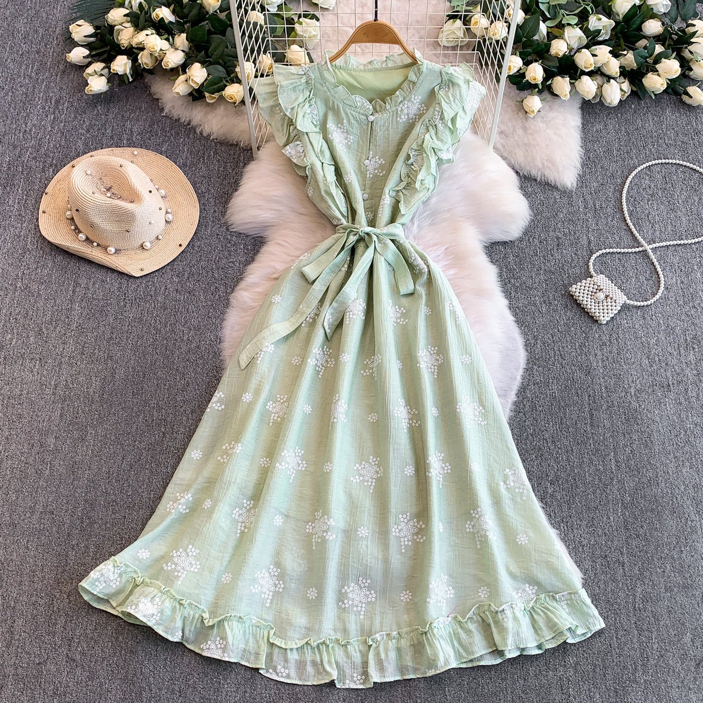Sweet Ruffled Embroidered Round-Neck Dress Womens SpringAutumn Belted Waist Princess Long Gown