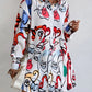 Ladies Fashion Belt Shirt Print Dress