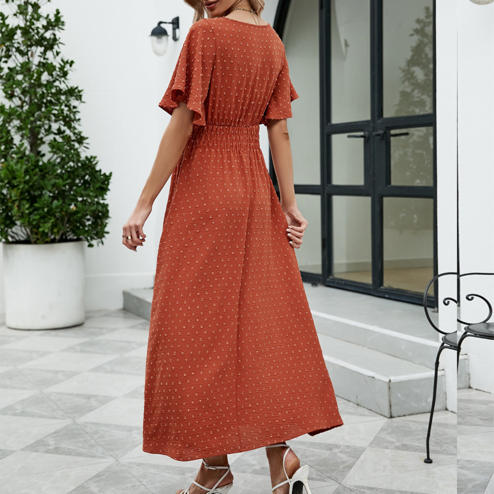 Robe trapèze ample à manches courtes et col en V pour femme