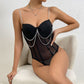 Womens Lace Mesh Sheer Jumpsuit With A Designer Metal Chain Strap Design