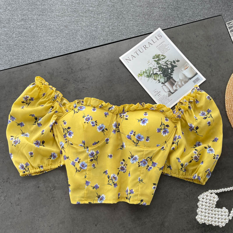 Women's Short Wood Ears With Chest Pads And Floral Chiffon Shirt
