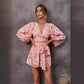 Floral Long-sleeve Shorts V-neck Jumpsuit