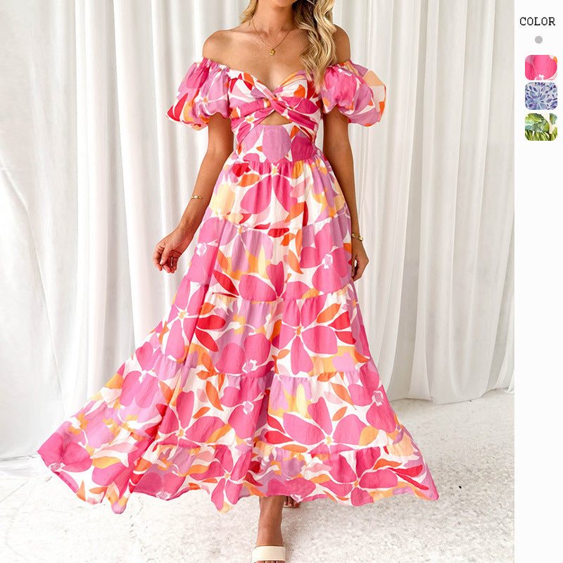 Women's Versatile Casual Waist-tied Puff-sleeve Flare Dress