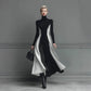 Color-Block Knitted Turtleneck Elegant Long-Sleeve Slim-Fit Dress