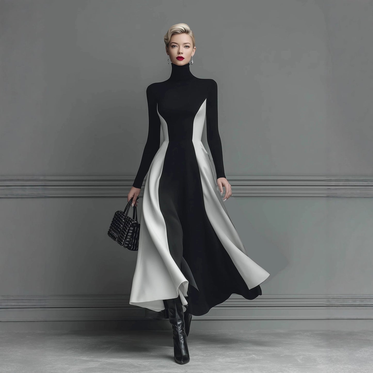 Color-Block Knitted Turtleneck Elegant Long-Sleeve Slim-Fit Dress