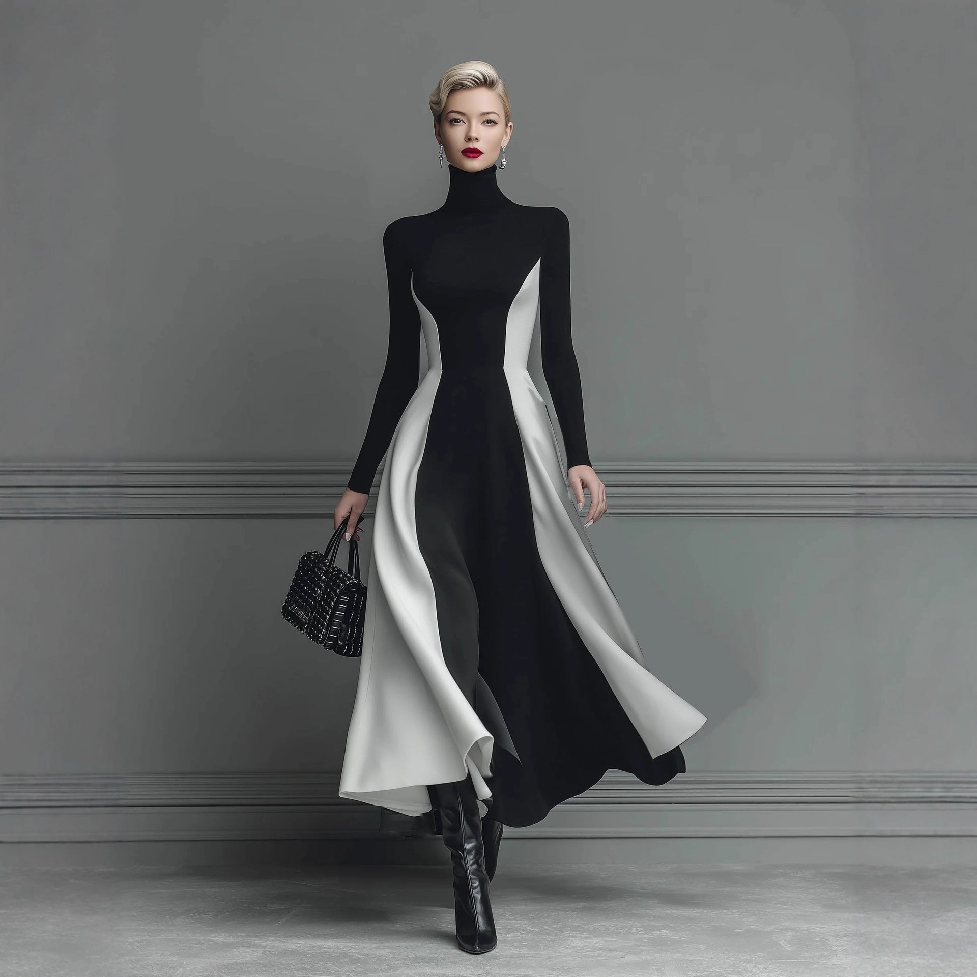 Color-Block Knitted Turtleneck Elegant Long-Sleeve Slim-Fit Dress