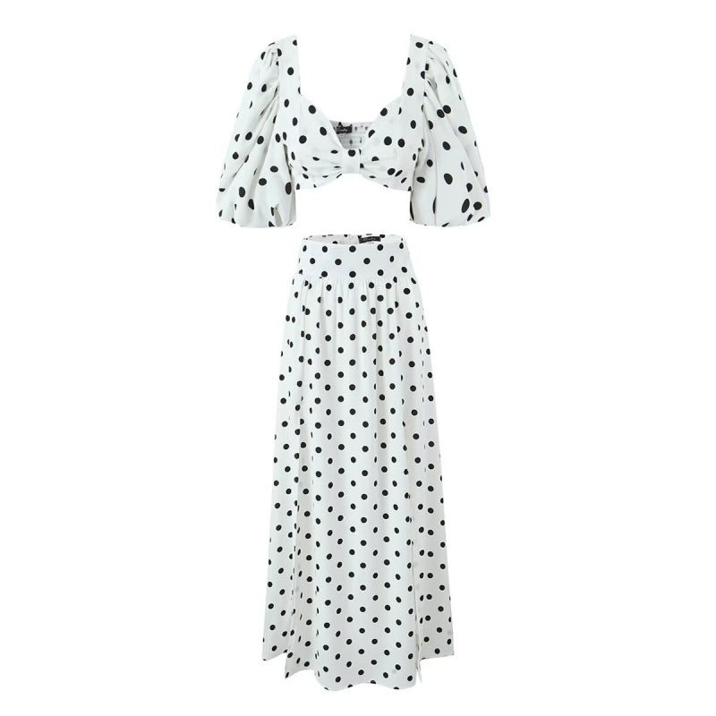 Seaside Vacation Polka Dot Split Top Mid-length Dress Set