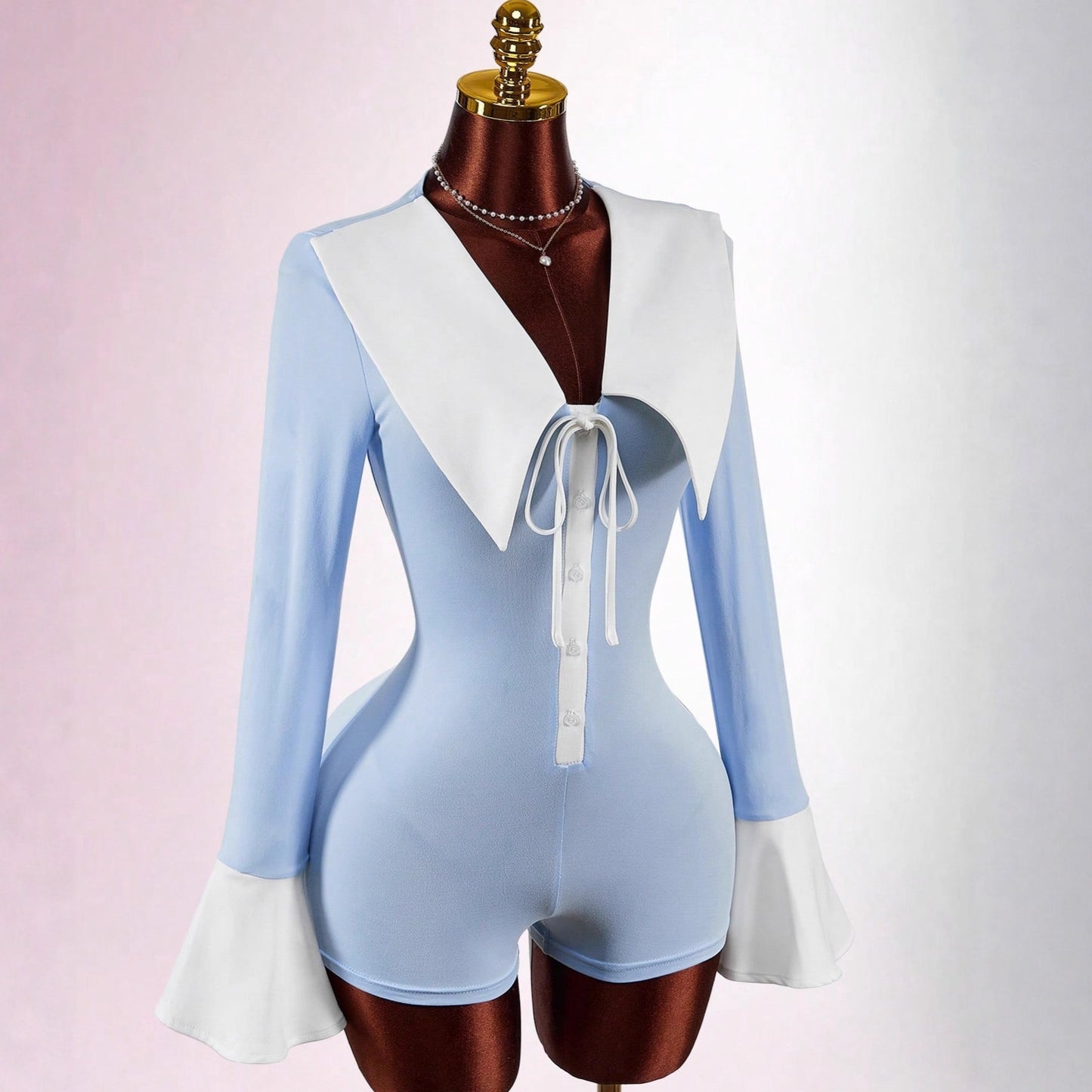 Turn-down Collar Bow-Knot Design Slimming Sweet Cinched Jumpsuit For Women