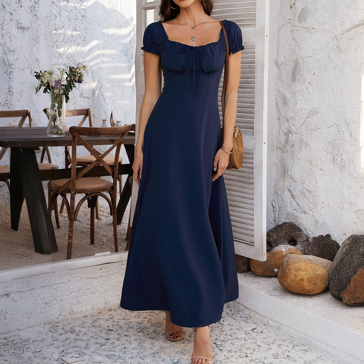 Elegant Pure Color Tied Pleating Puff Sleeve French Dress