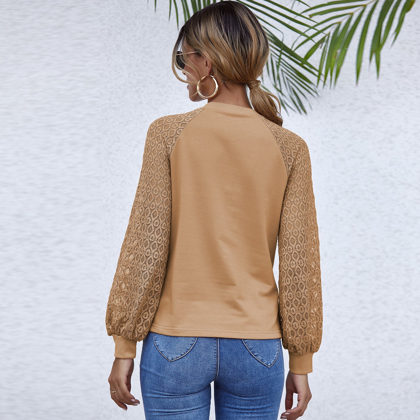 Simple Stitching Long-sleeved Hollow Slim Top Women's Clothing