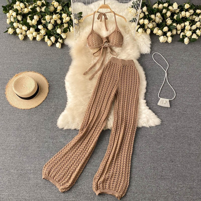 Ensemble deux pièces haut à lacets et pantalon large en tricot ajouré