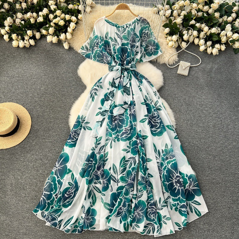 Printed Lace Up Waist-tight Dress