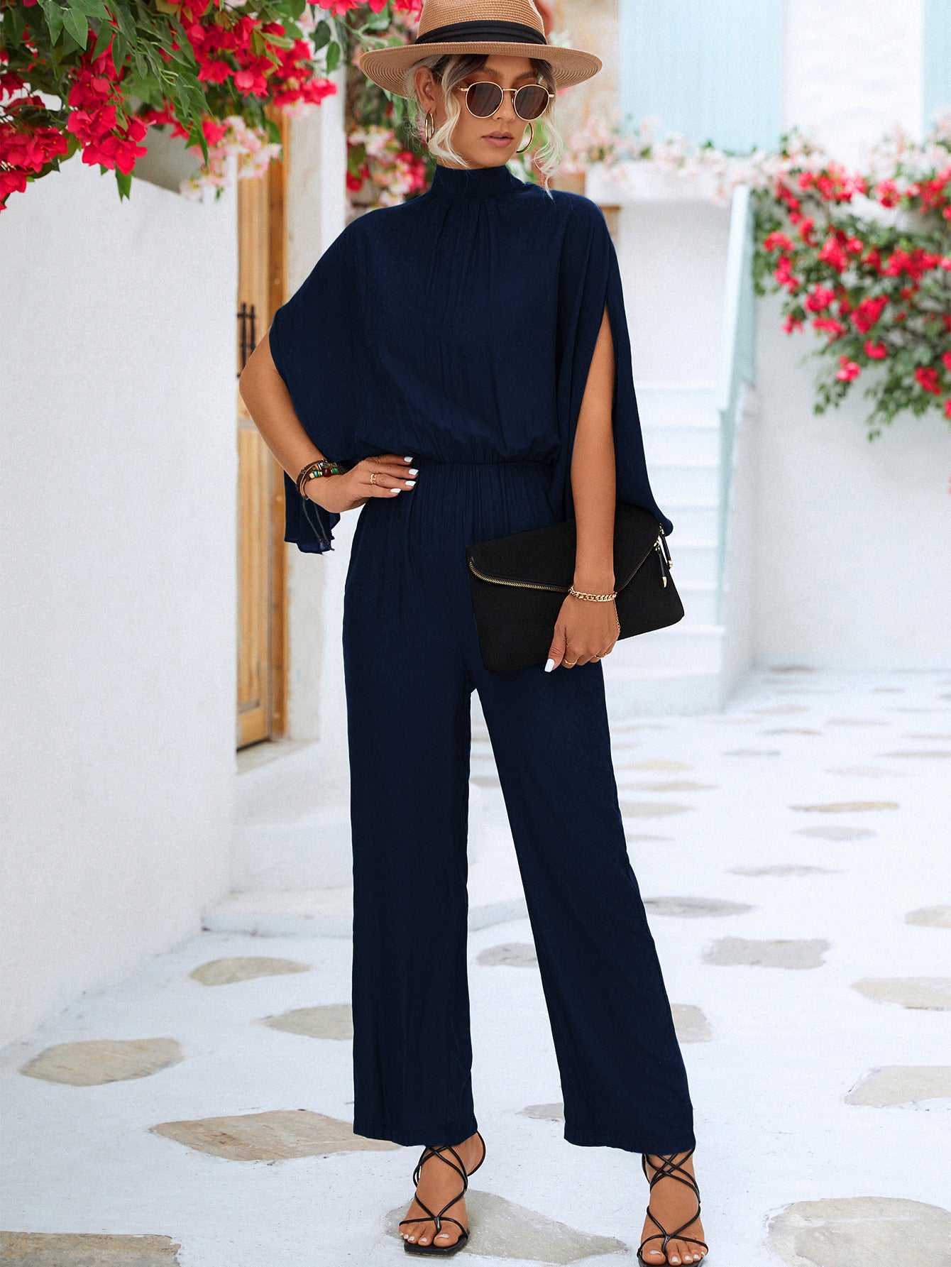 Women's Clothing Stand Collar Jumpsuit With Loose Split Long Sleeves
