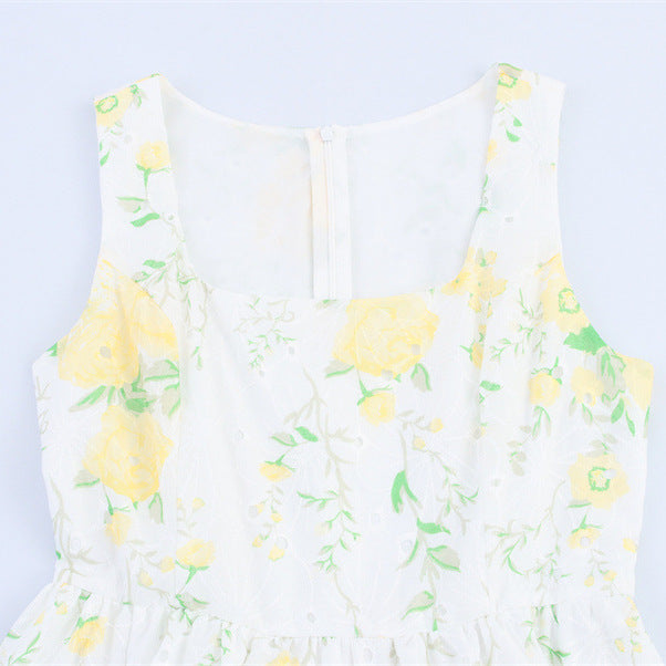 Embroidered Large Swing Square Collar Sleeveless Dress