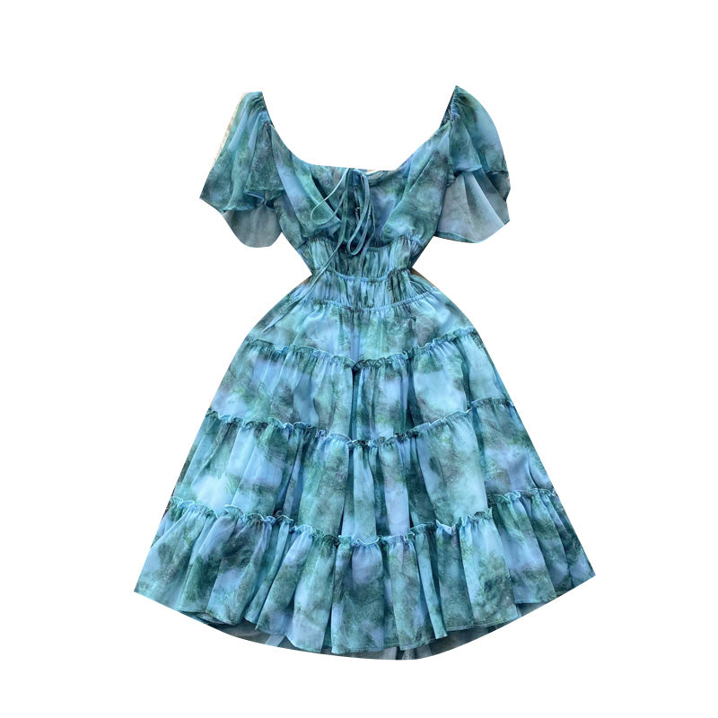 New Summer Light-Luxury Court-Style Oil-Paint French-Print Waist-Cinching Dress