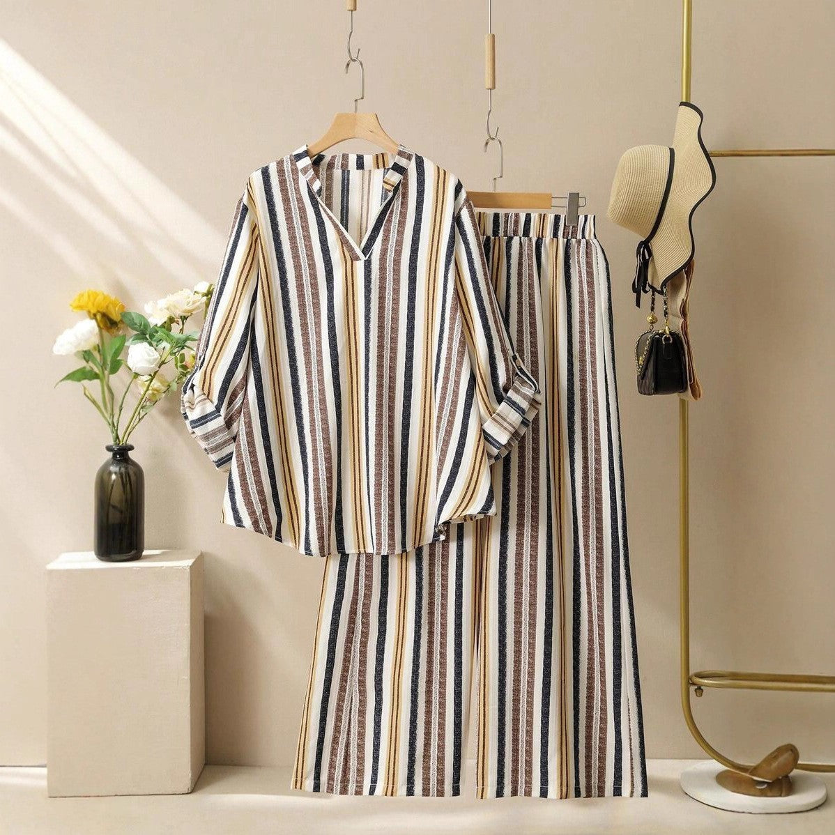 Striped Printed V-neck Suit For Women