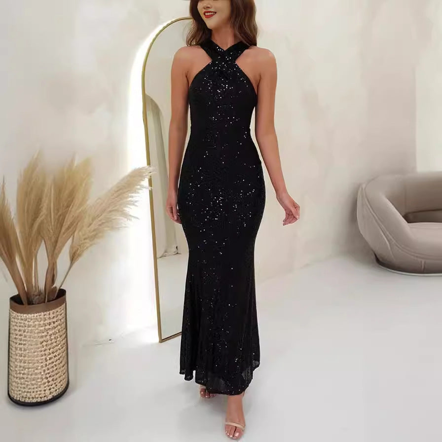 Fashionable Multicolor Halter Sleeveless Sequins Sequin Dress