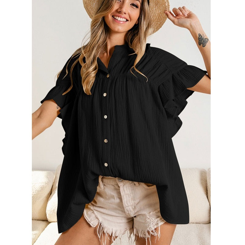 Women's Fashion Stand Collar Ruffled Sleeve Peplum Top