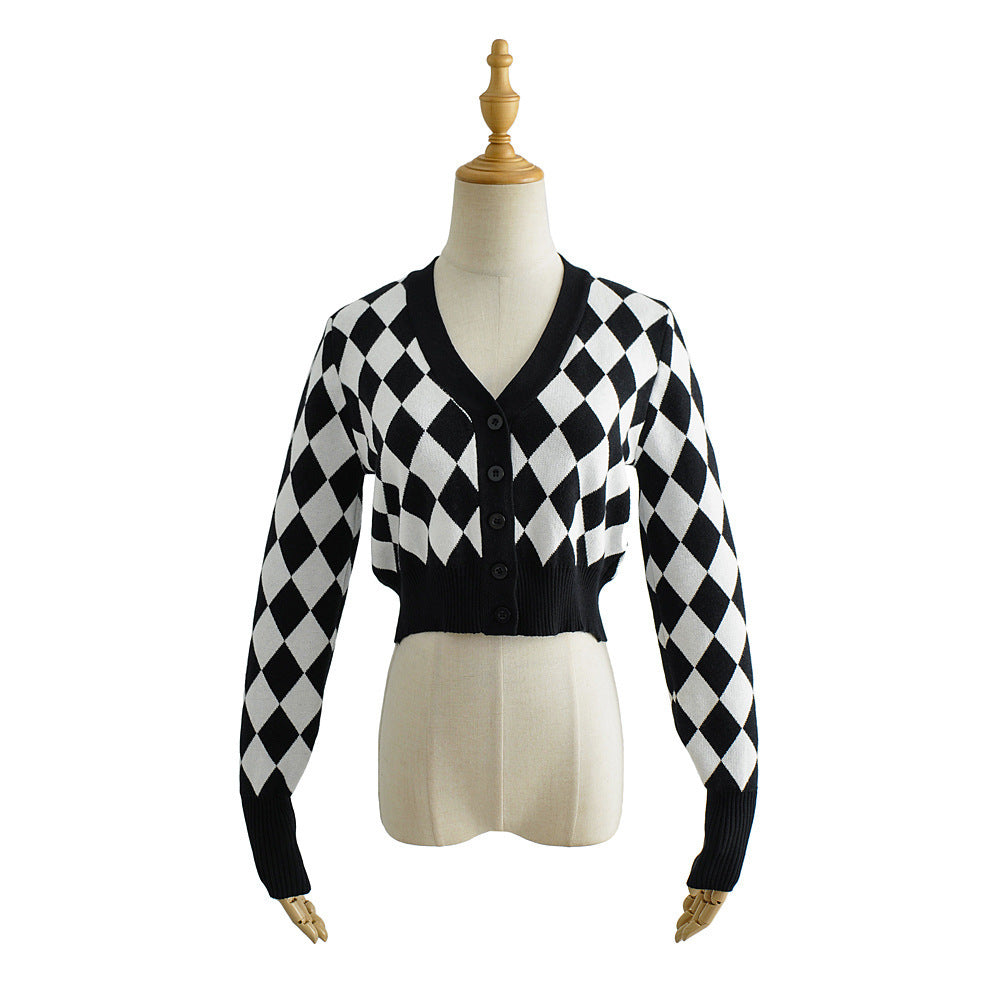 V-neck Black And White Diamond Single-breasted Long-sleeved Knitted Cardigan