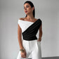 Color-blocked Asymmetric Shoulder Ruffled Hem Slim-fit Versatile Elegant Commuter Top