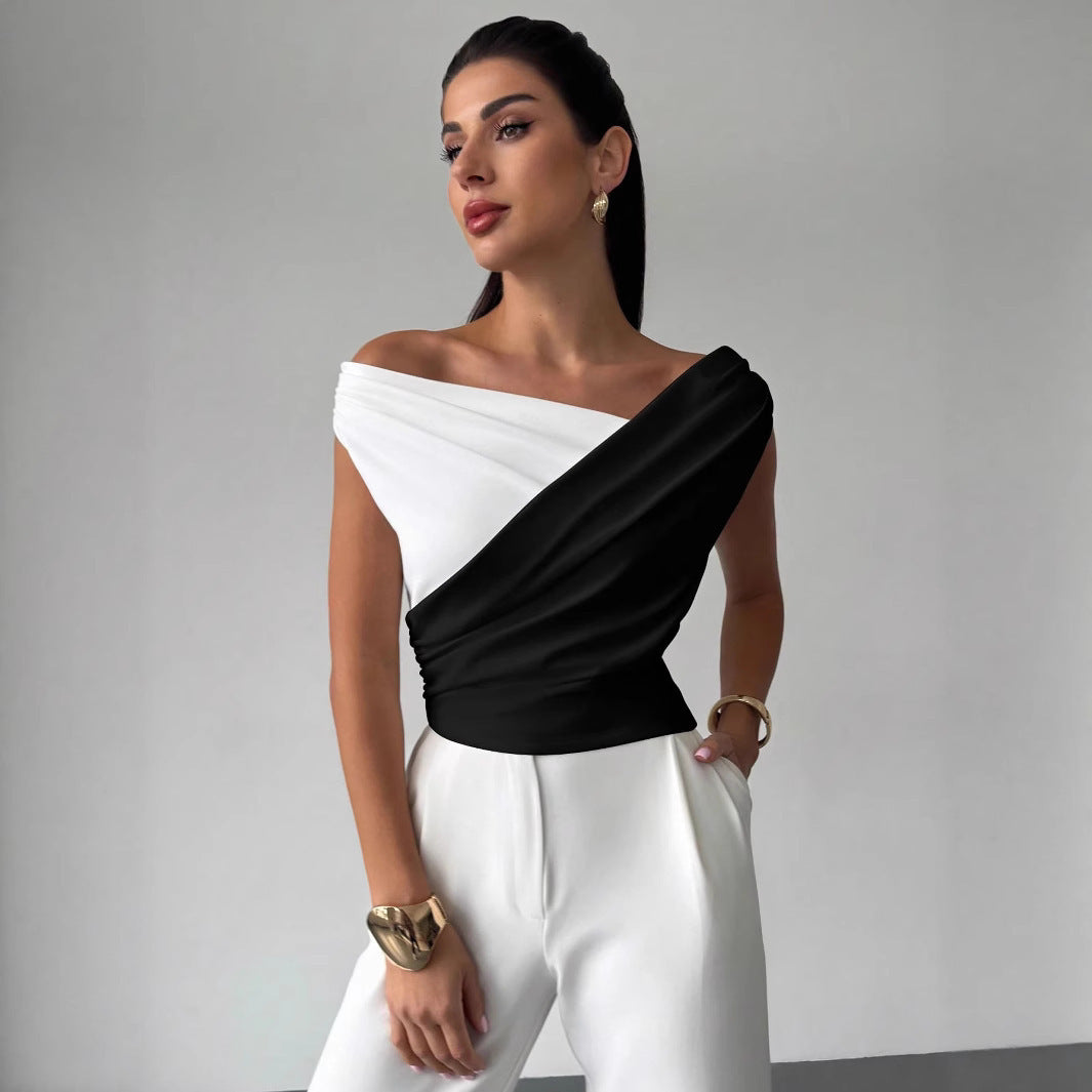 Color-blocked Asymmetric Shoulder Ruffled Hem Slim-fit Versatile Elegant Commuter Top
