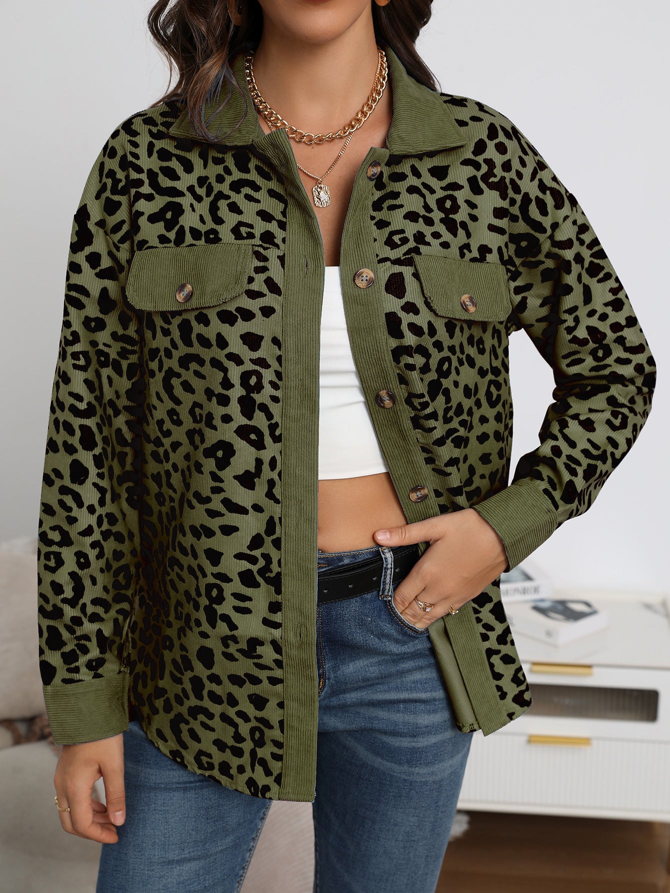 Fashion Leopard Print Corduroy Button Long Sleeve Coat For Women