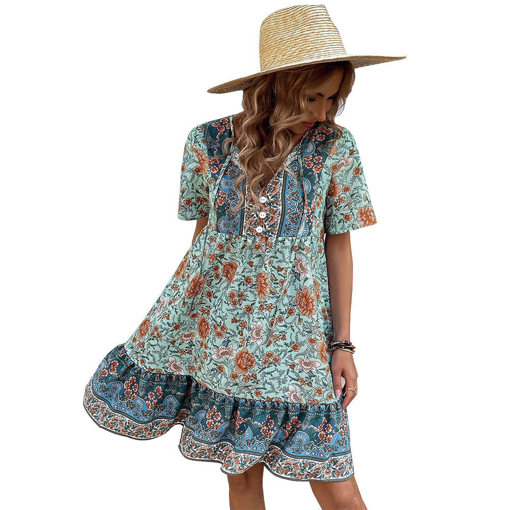 Robe de vacances bohème décontractée et ample à col en V et à petites fleurs, style européen et américain