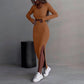 Women's Solid Color Knitted Round Neck Two-piece Set