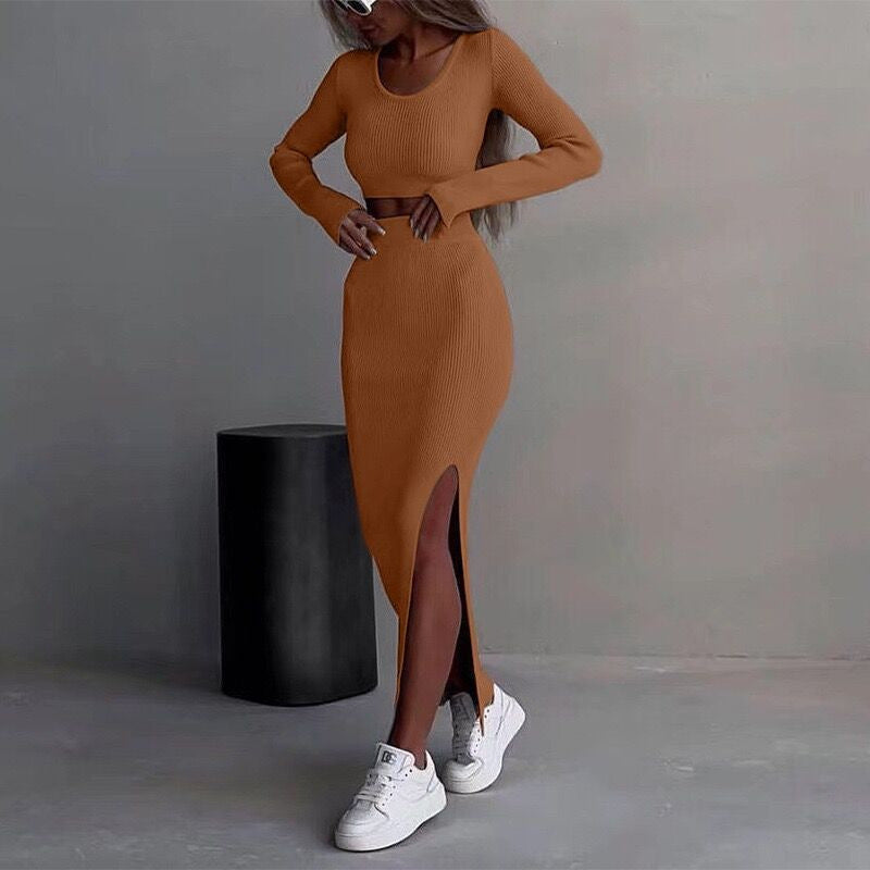 Women's Solid Color Knitted Round Neck Two-piece Set